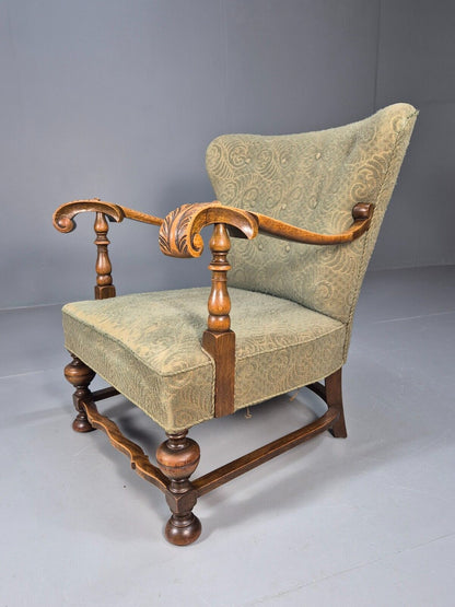 Vintage Danish Lounge Chair Green Moquette Carved Oak Frame 1940s EB8981 VCLO - UKDK FURNITURE