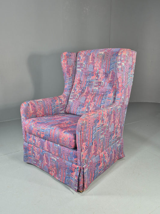 Vintage Danish Wingback Chair 1980s Retro Geometric Cotton Weave EB11291 MNOR0