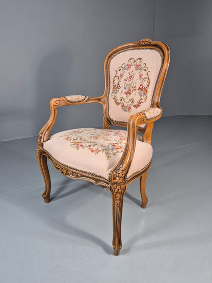 French Rococo Fauteuil Chair Floral Embroidered 1960s Retro EB10777 VDIN0