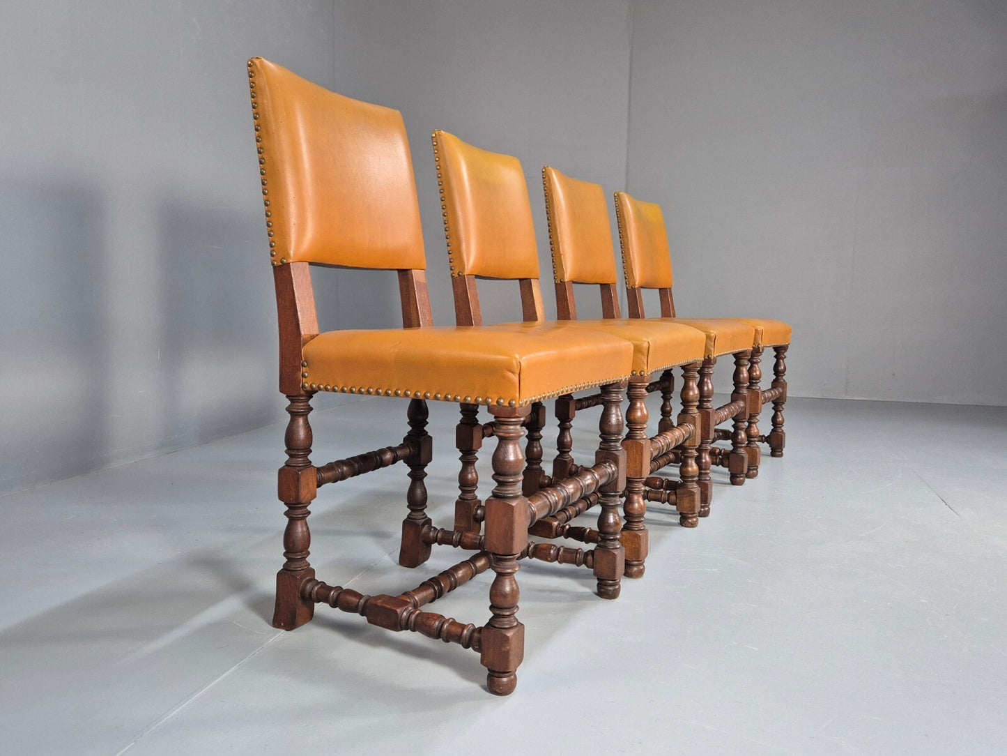 Vintage Tan Leather Dining Chairs Oak Frames 1950s Danish Design EB9660 VDIN - UKDK FURNITURE