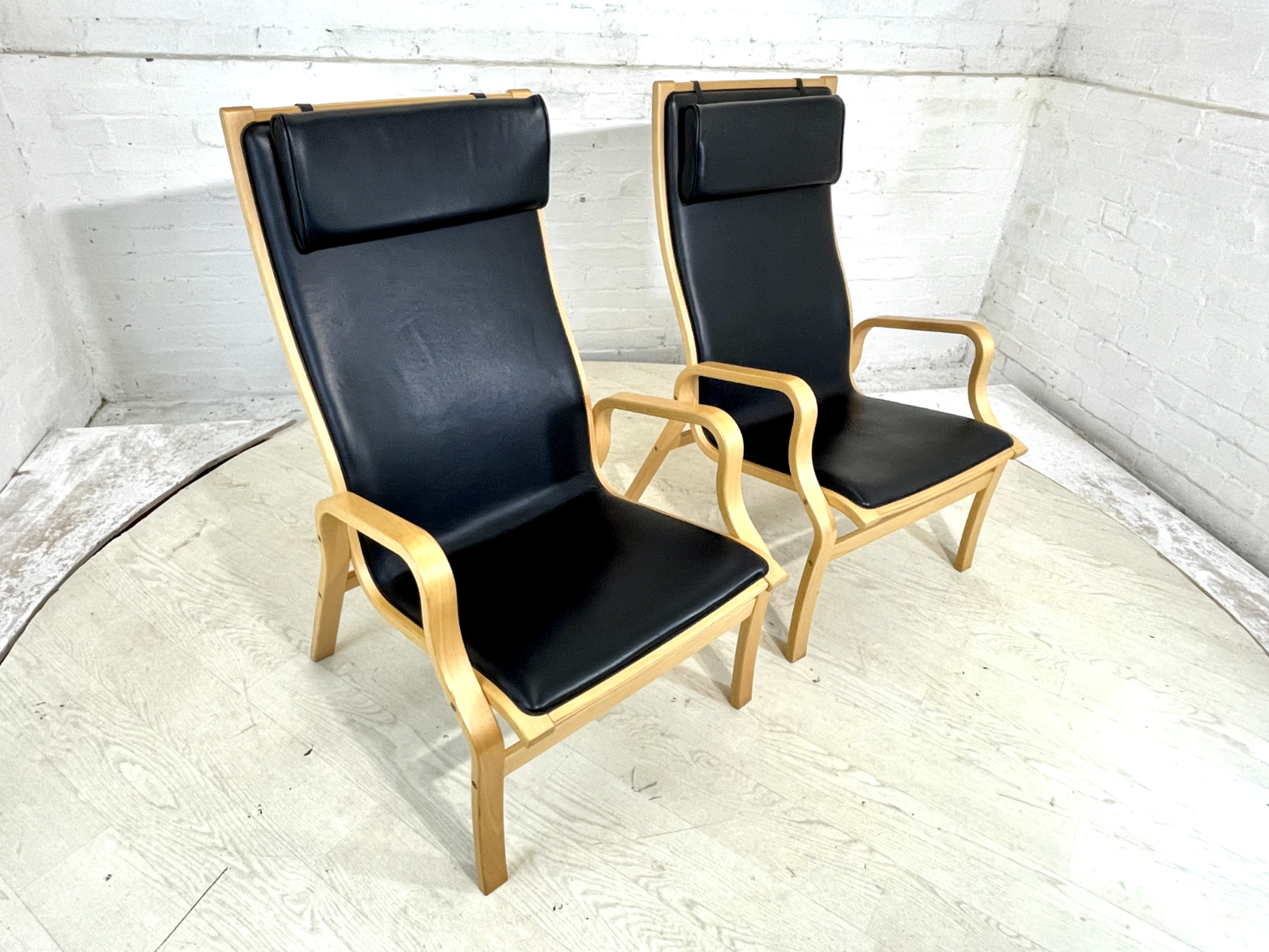 Pair Of Vintage Danish Skippers Bentwood Chairs Black Leather Retro EB4445 MBEN - UKDK FURNITURE
