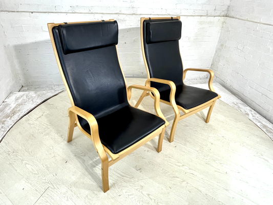 Pair Of Vintage Danish Skippers Bentwood Chairs Black Leather Retro EB4445 MBEN - UKDK FURNITURE