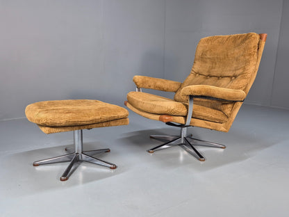 1970s Swivel Chair and Footstool Gold Corduroy Chrome Danish Elu EB10688 MSWI0