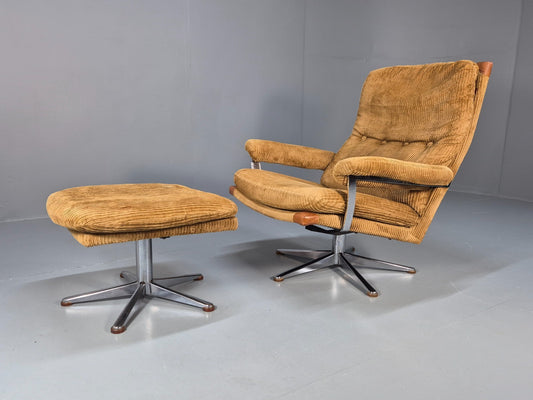 1970s Swivel Chair and Footstool Gold Corduroy Chrome Danish Elu EB10688 MSWI0