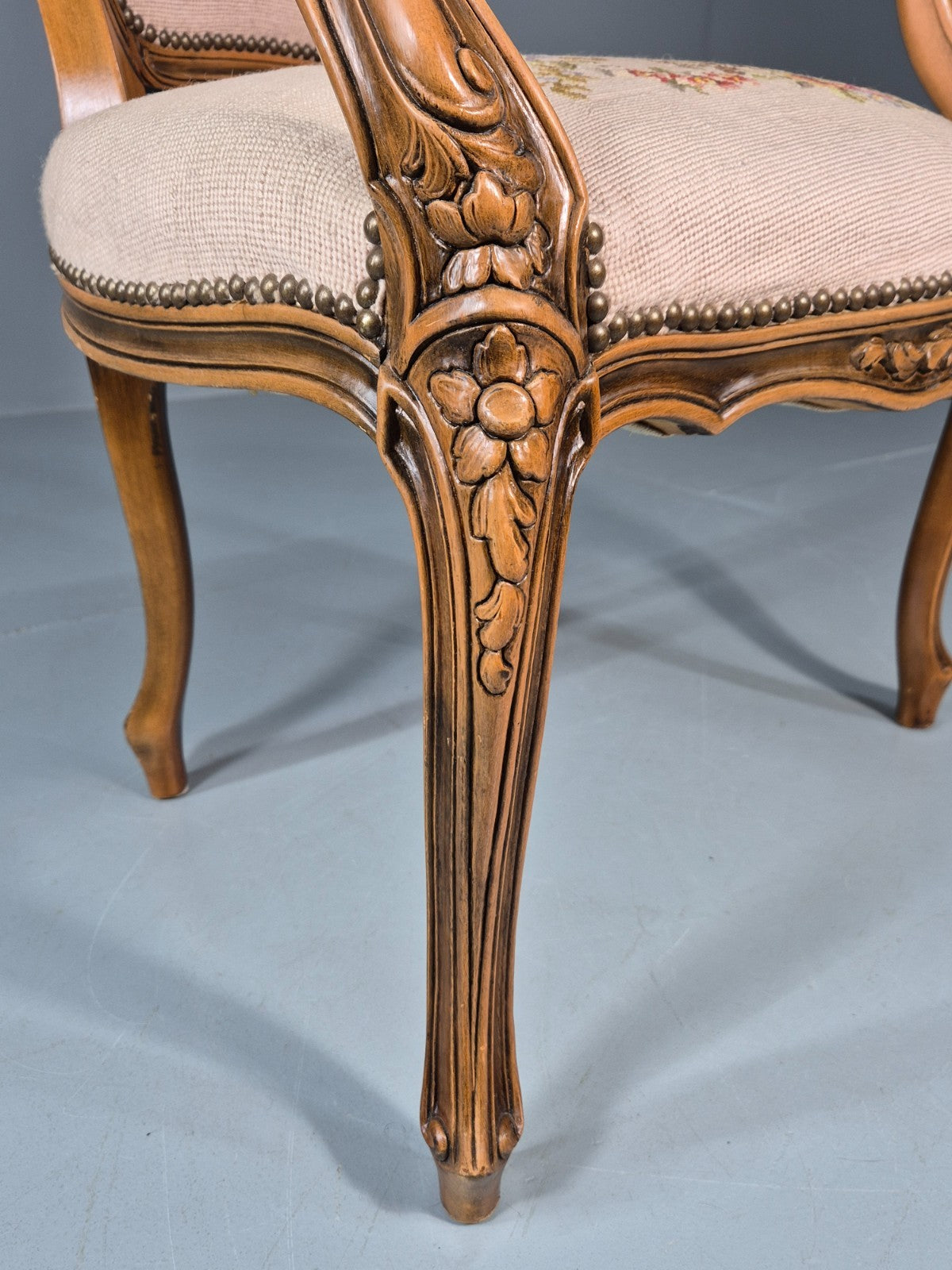 French Rococo Fauteuil Chair Floral Embroidered 1960s Retro EB10777 VDIN6