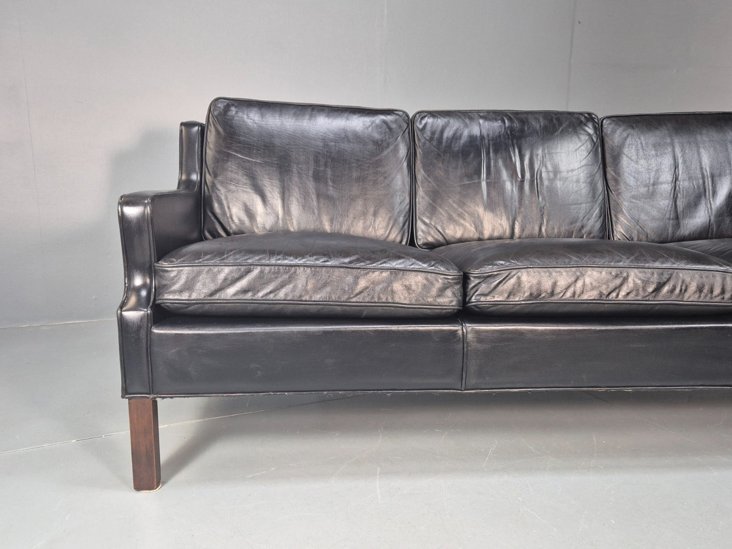 Vintage Three Seat Sofa Black Leather Danish 1960s Mid Century EB10208 M3SS1
