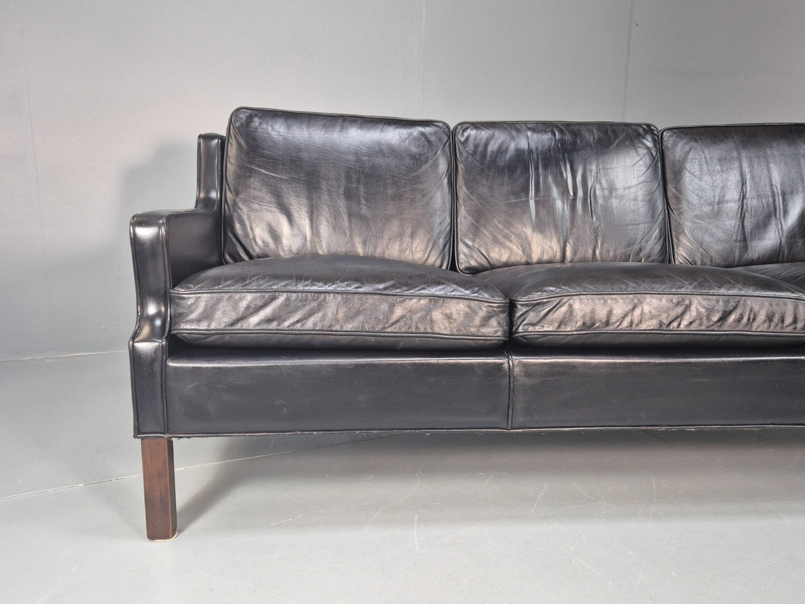 Vintage Three Seat Sofa Black Leather Danish 1960s Mid Century EB10208 M3SS1