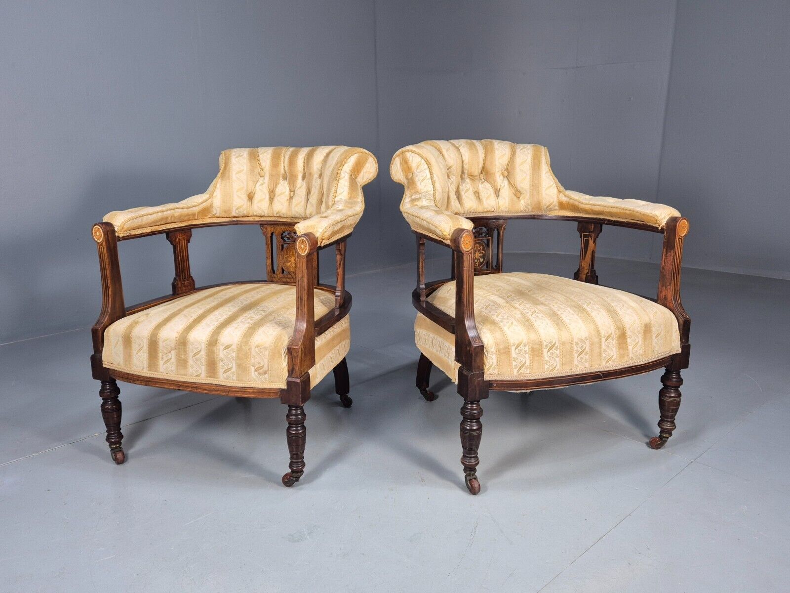 2 Vintage Lounge Chair Gold Stripe Mahogany Inlay Edwardian Revival EB8429 VCLO - UKDK FURNITURE