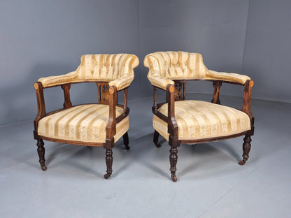 2 Vintage Lounge Chair Gold Stripe Mahogany Inlay Edwardian Revival EB8429 VCLO - UKDK FURNITURE