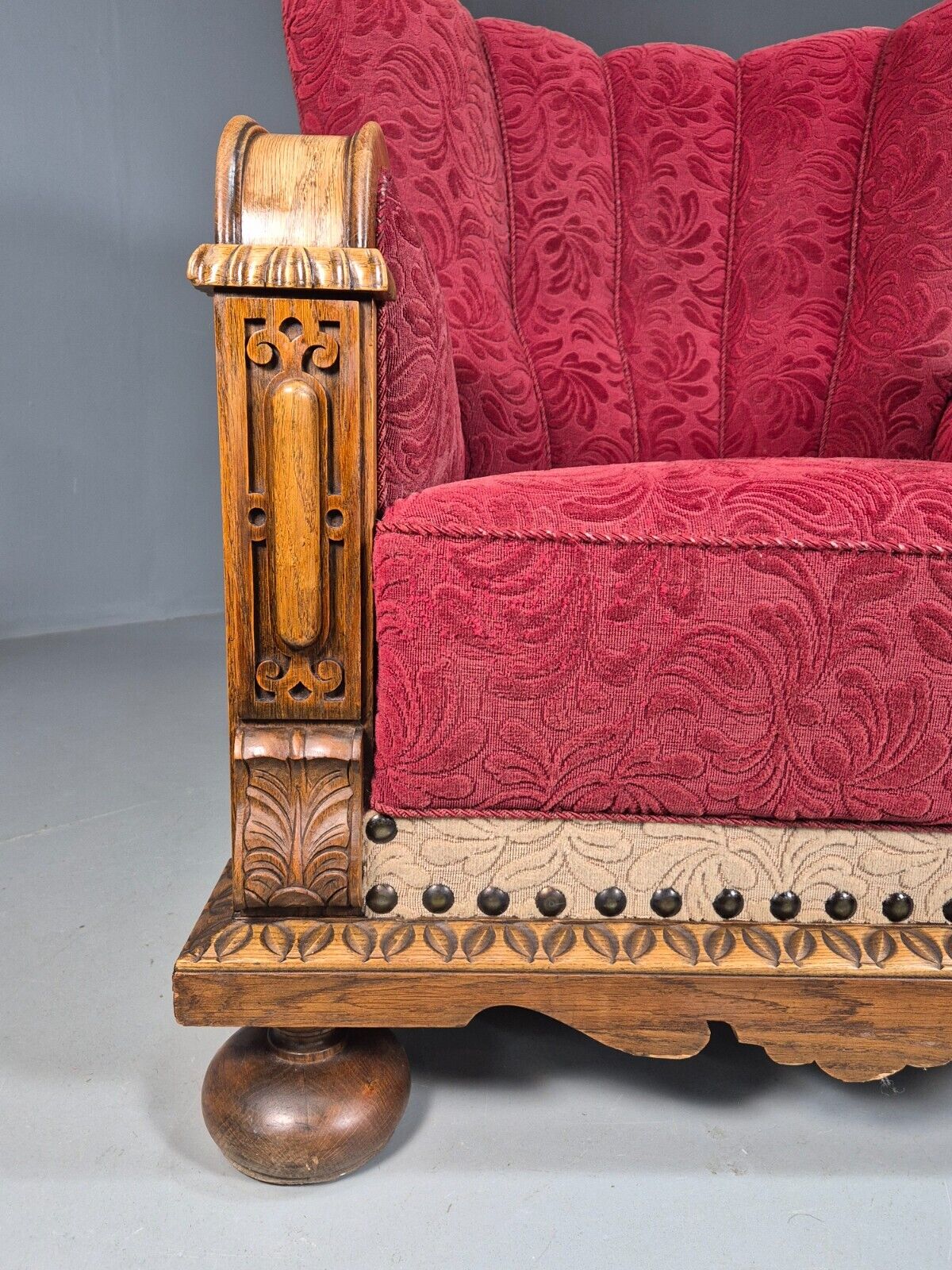 Vintage Danish Lounge Chair Red Moquette Oak Shell Back Antique 1930 EB8280 VCLO - UKDK FURNITURE