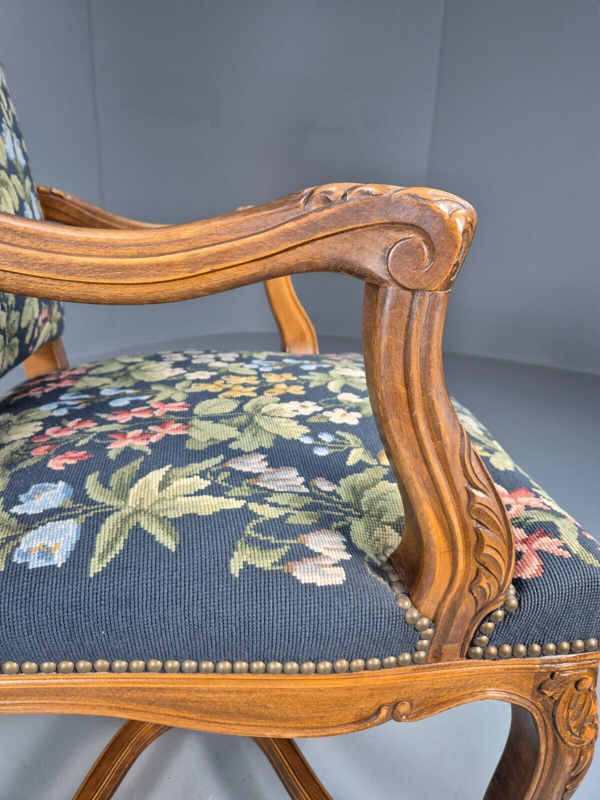 Vintage Danish Lounge Blue Floral Oak 17th Century Style EB8994 VCLO - UKDK FURNITURE