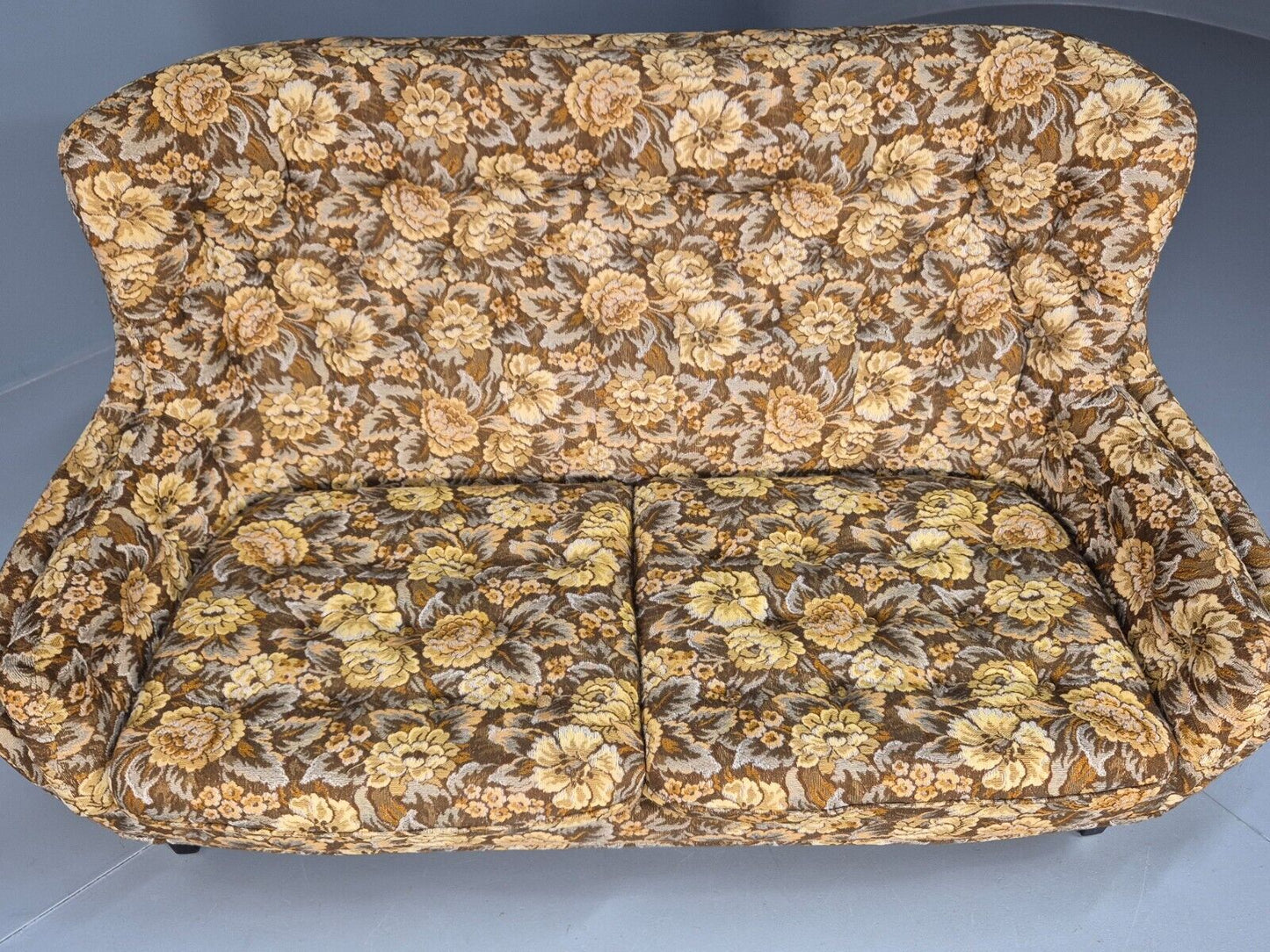 Vintage Danish 2 Seat Sofa Brown Yellow Floral Curved Form Retro MCM EB8949 M2SS - UKDK FURNITURE