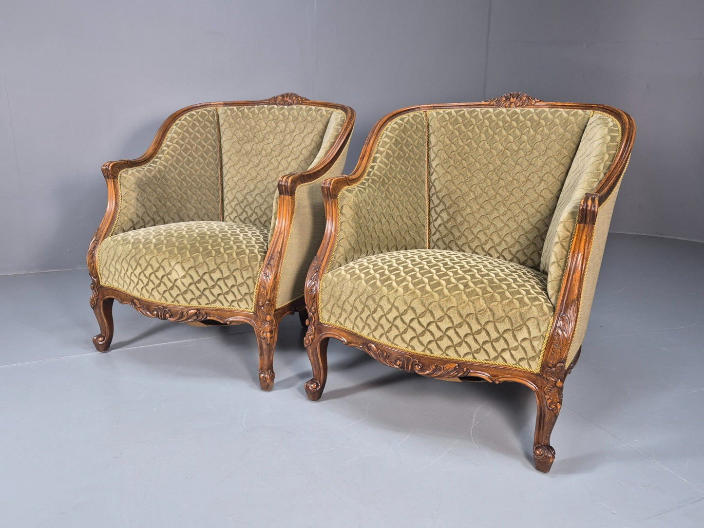 2 Antique Tub Chairs Oak Carved Frame Green Patterned Velvet 1920s EB10741 VCAR4