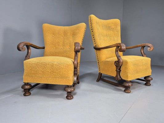 2 Vintage Baroque Armchgairs in Oak and Mustard Moquette 1940s EB9005 VCLO - UKDK FURNITURE