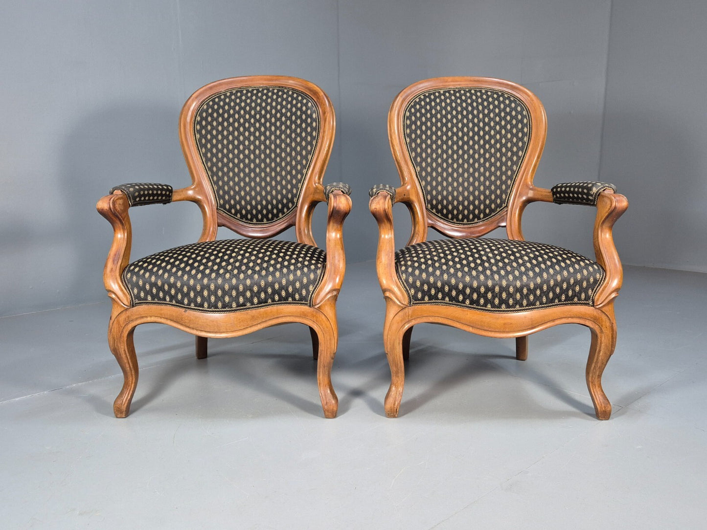 Antique Mahogany Armchair Pair Black Pattern Fabric Louis XV Style EB9558 VCLO - UKDK FURNITURE