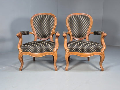 Antique Mahogany Armchair Pair Black Pattern Fabric Louis XV Style EB9558 VCLO - UKDK FURNITURE