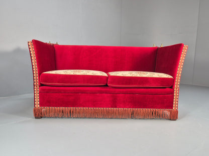Vintage Danish Knowle Sofa Red Velour Cream Reversible Cushions 60s EB9648 V2SS - UKDK FURNITURE