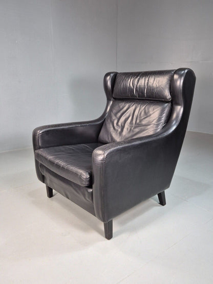 Vintage Danish Lounge Chair Black Leather Wingback 1970s Retro MCM EB8237 MNOR - UKDK FURNITURE