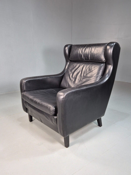 Vintage Danish Lounge Chair Black Leather Wingback 1970s Retro MCM EB8237 MNOR - UKDK FURNITURE