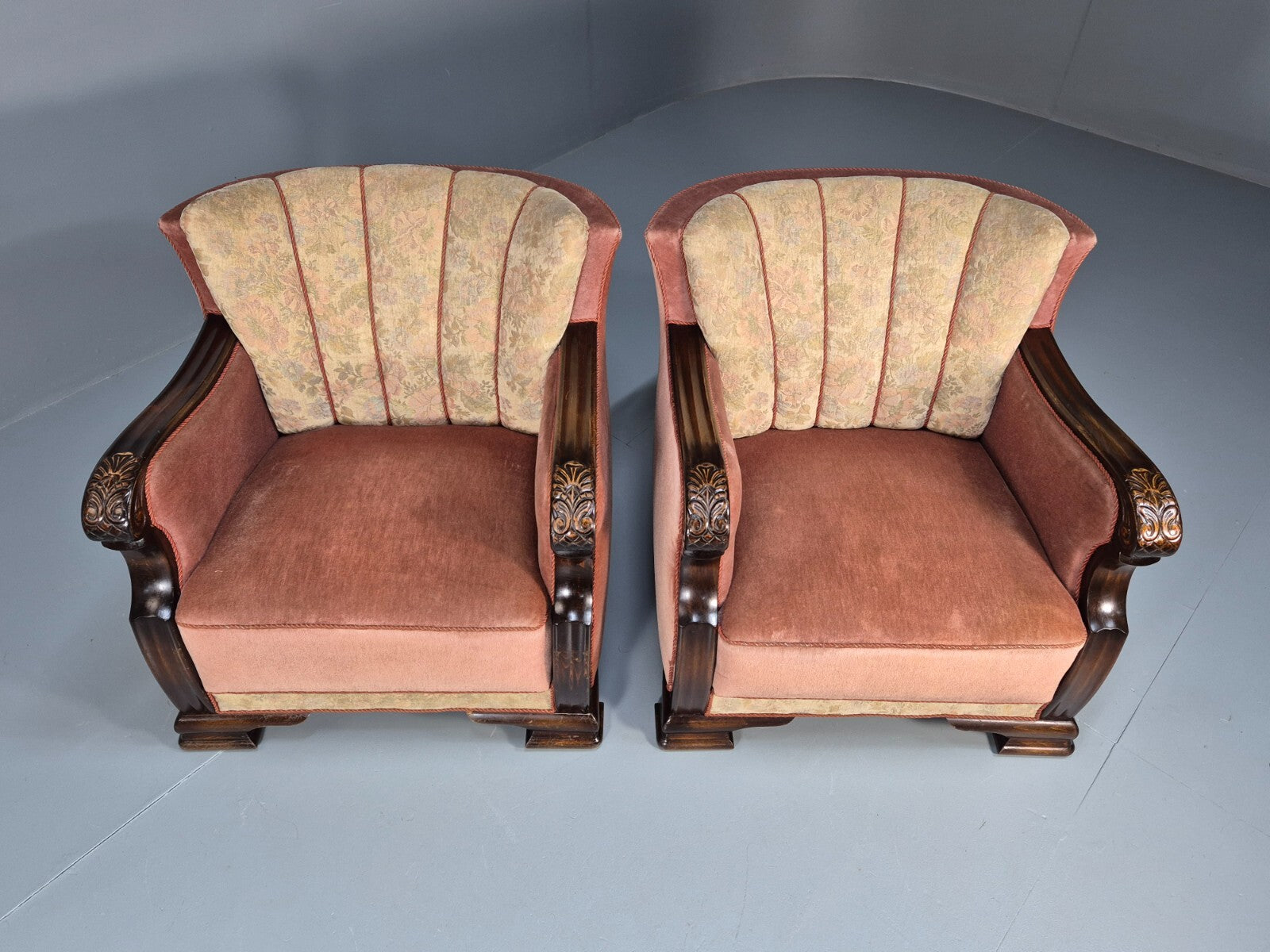 2 Vintage Danish Pink and Cream Art Deco Lounge Chairs 1940s EB9667 VCLO - UKDK FURNITURE