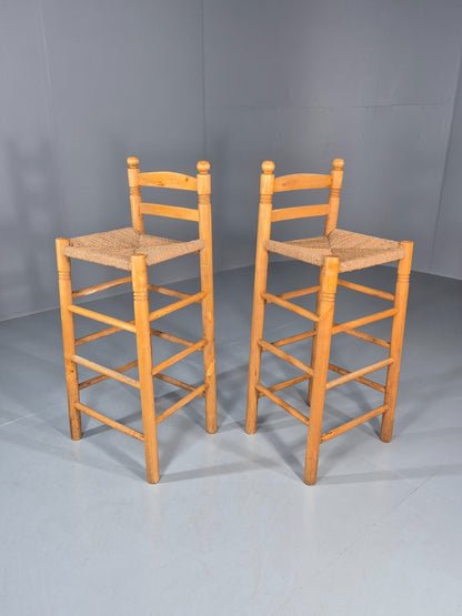 2 Vintage High Bar Stools 1980s Pine Rush Seats Retro  EB11014 VDIN1