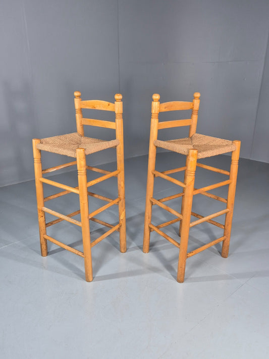 2 Vintage High Bar Stools 1980s Pine Rush Seats Retro  EB11014 VDIN1