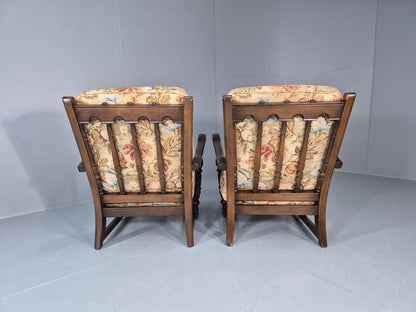 2 Ercol Cloister Lounge Chairs Dark Elm Frame Floral Upholstery 70s EB10987 VCAR13