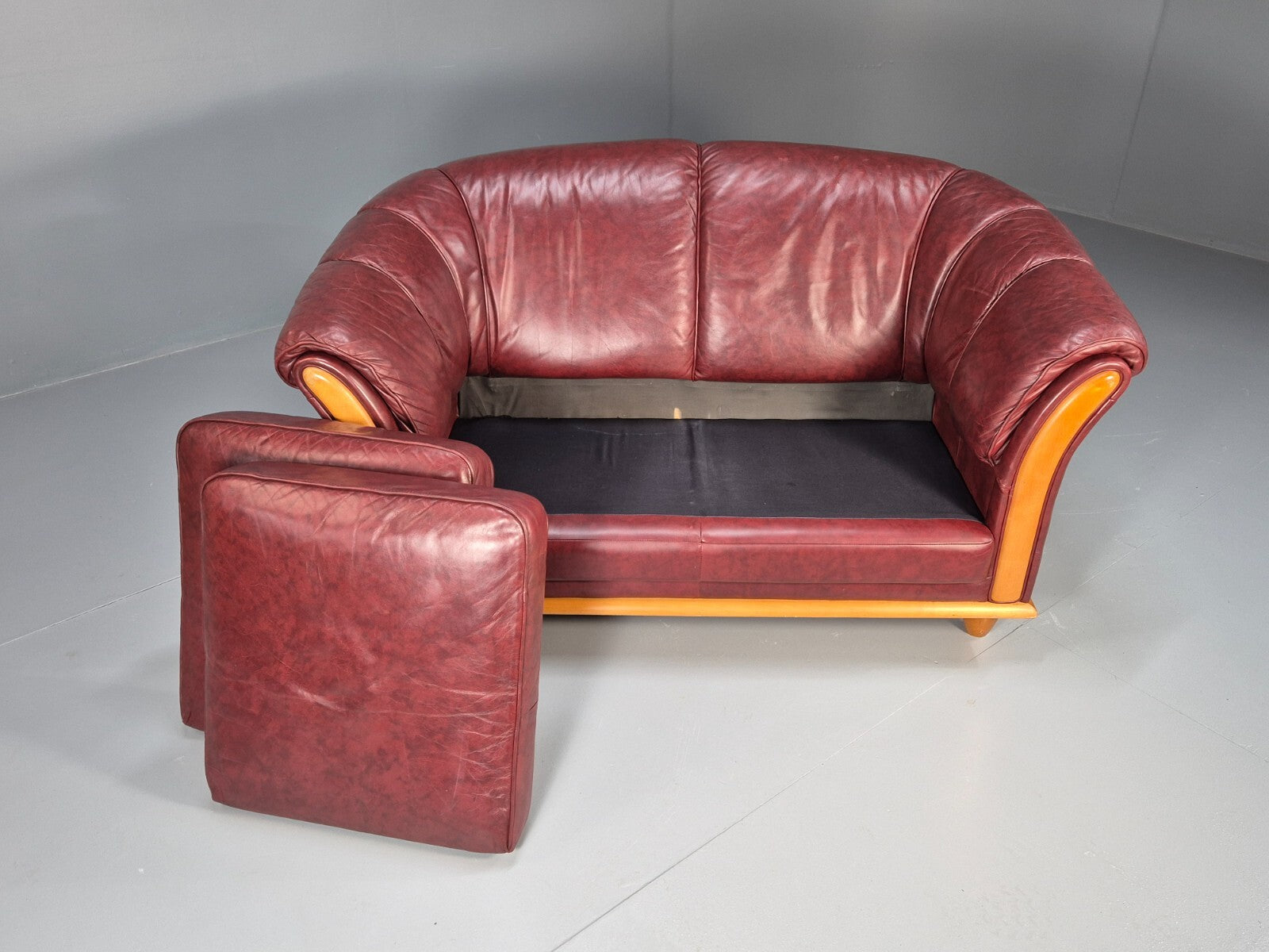 Vintage Danish 2 Seat Sofa Red Leather Wood Trim 1990s Retro EB8567 M2SS - UKDK FURNITURE