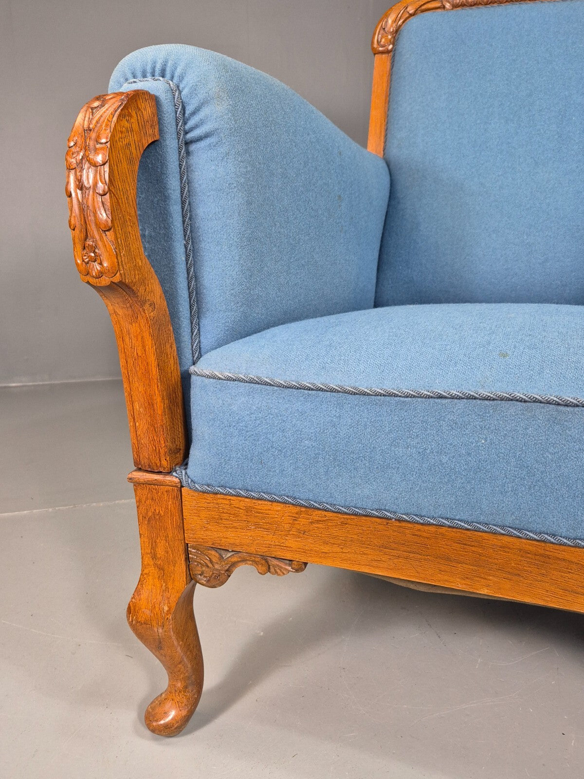 Vintage Danish Lounge Chair Blue Cloth Oak Frame 1900s Antique VCLO EB78133