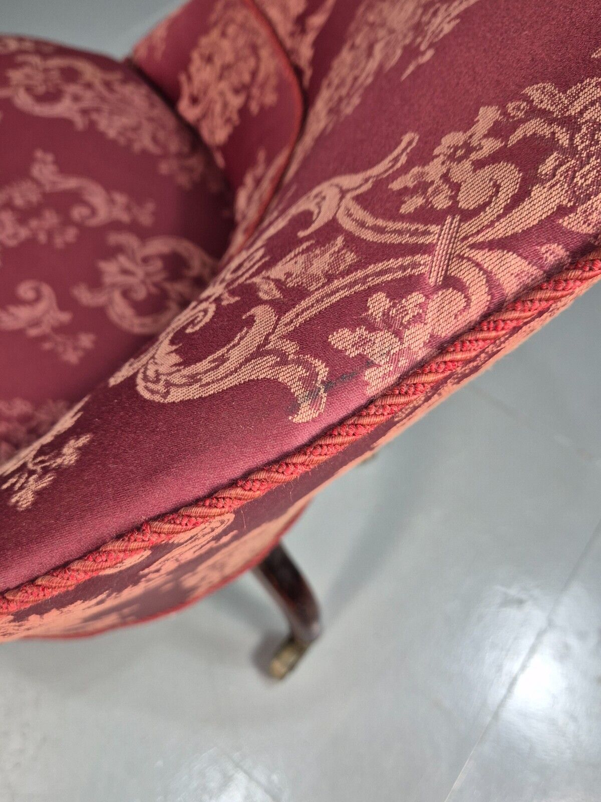 Antique Danish Occasional Chair Pink Satin Floral Motif Oak Brass EB8051 VCLO - UKDK FURNITURE