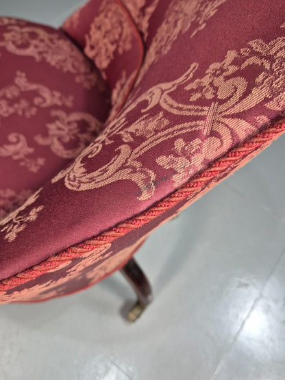 Antique Danish Occasional Chair Pink Satin Floral Motif Oak Brass EB8051 VCLO - UKDK FURNITURE