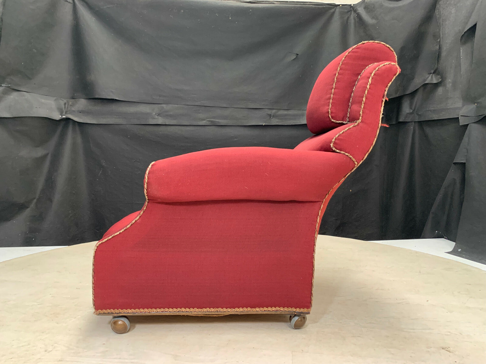 Vintage Arm Chair with Castors Dark Red Fabric for Reupholstery VCLO EB25973