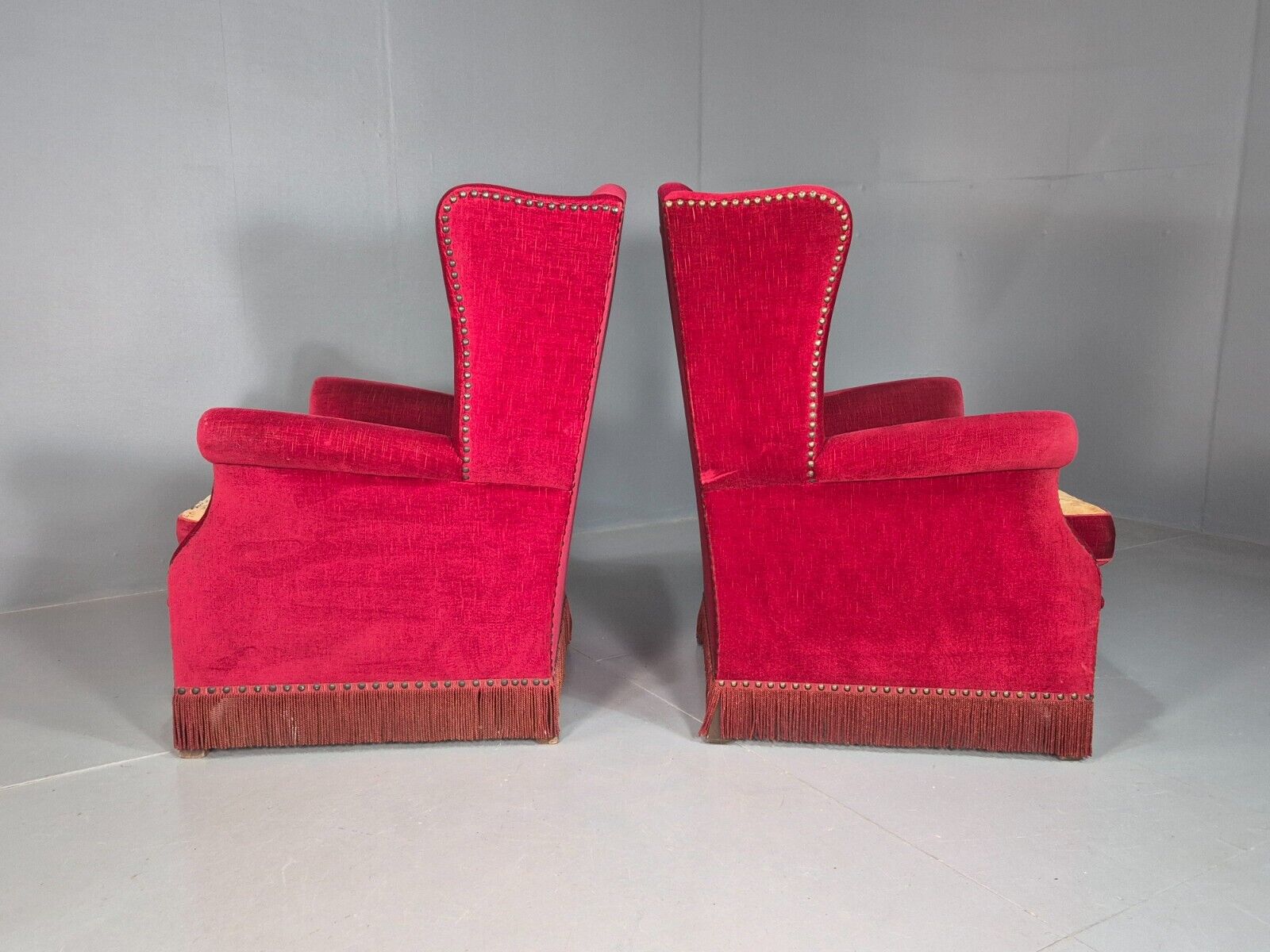 Pair Vintage Danish Wing Back Red Velour Studded Armchairs EB8059 VCLO - UKDK FURNITURE