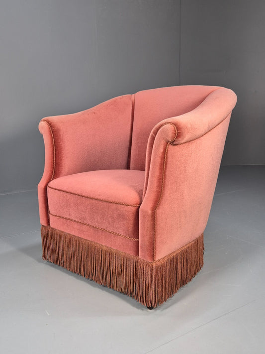 Vintage Danish Art Deco Tub Chair in Pink Velour with Tassels EB9650 VCLO - UKDK FURNITURE