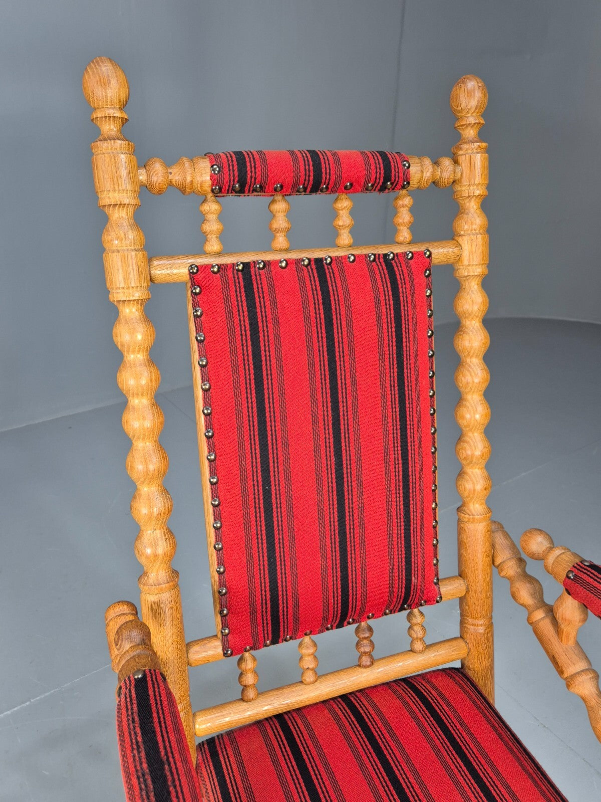 Vintage Danish Rocking Chair Oak Frame Red Stripe American Style EB9375 VCAR - UKDK FURNITURE