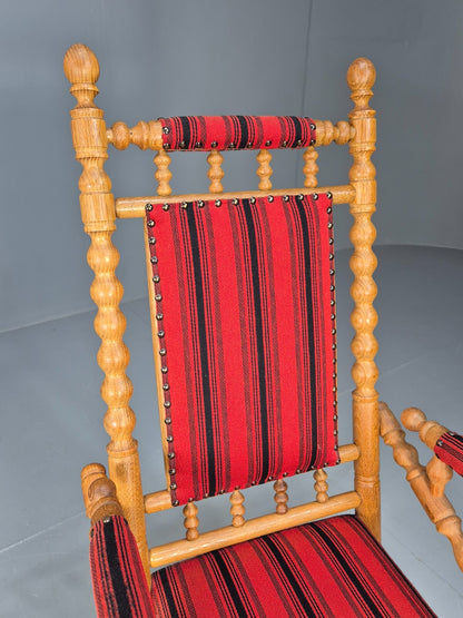 Vintage Danish Rocking Chair Oak Frame Red Stripe American Style EB9375 VCAR - UKDK FURNITURE