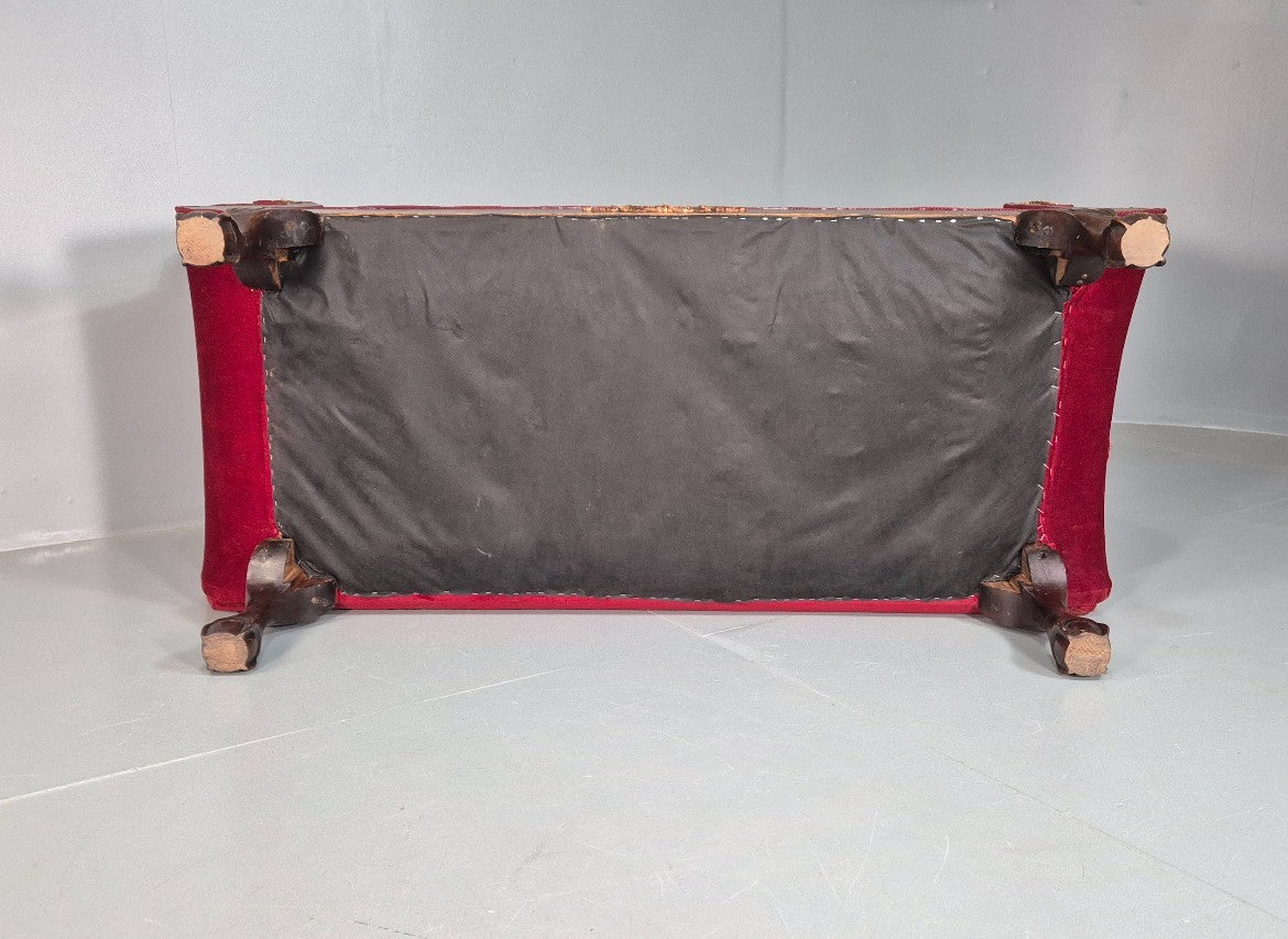 Vintage Antique Scroll End Settee Ball Claw Feet Red Velour 1900s EB7920 V2SS8