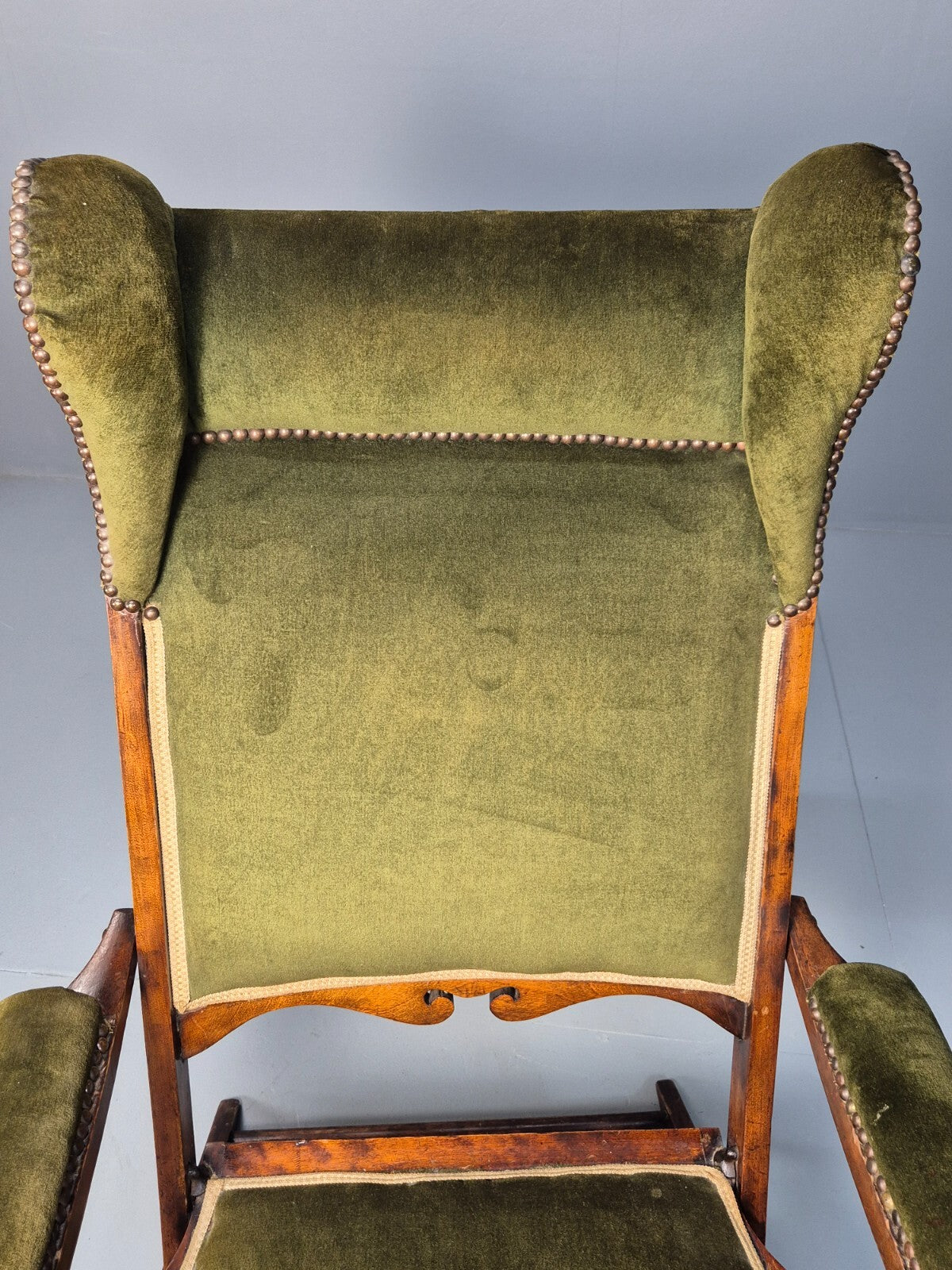 Antique Campaign Chair in Green Velour and Mahogany Victorian EB9696 VCLO - UKDK FURNITURE