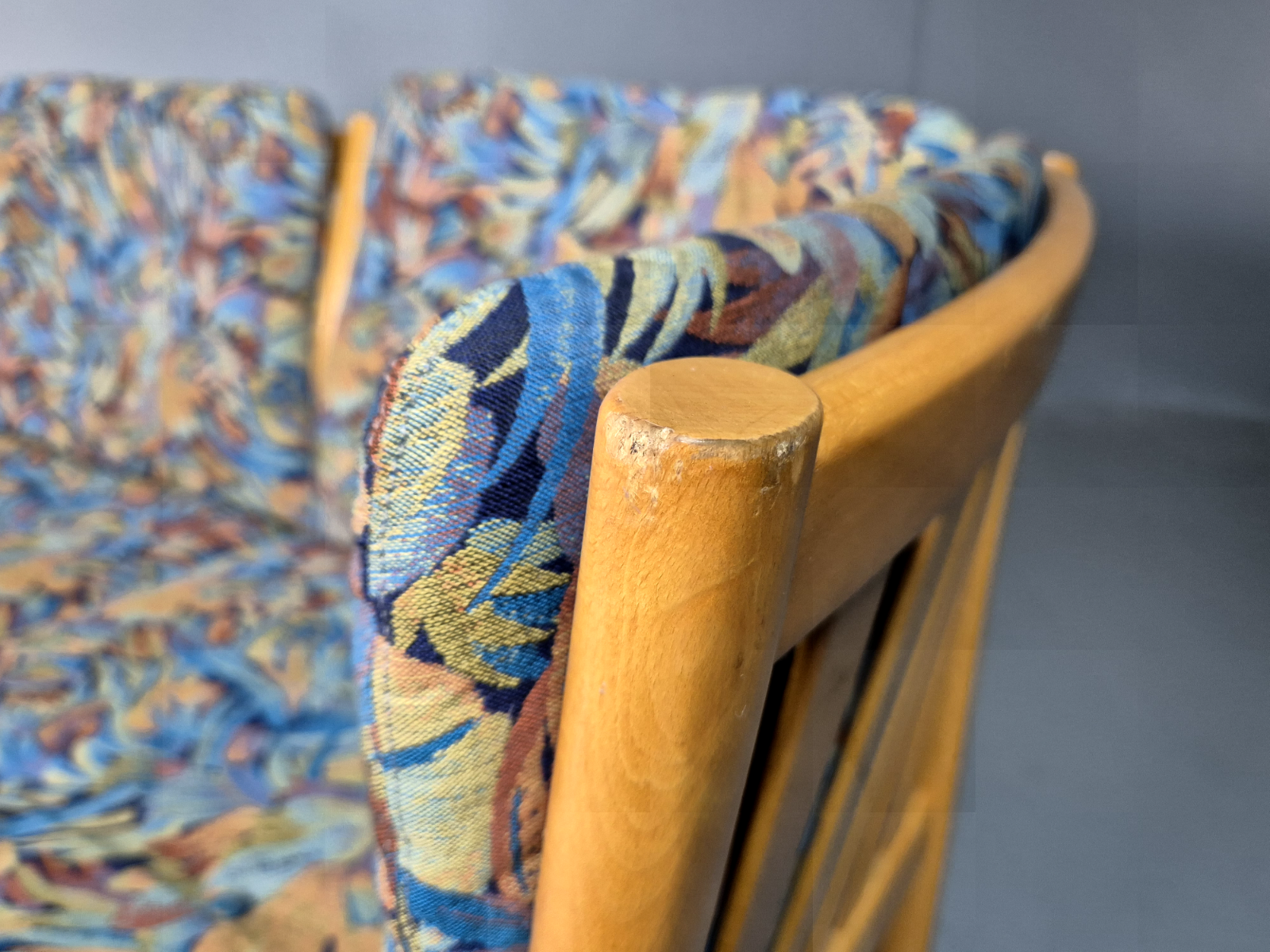 3 Seat Sofa Vintage Danish Blue Floral Beech Frame 1980s Retro EB7279 M3SS13