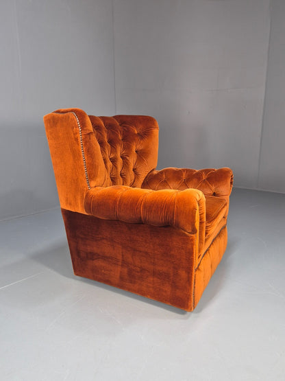 1970s Buttoned Wing Back Lounge Chair Burnt Orange Velour Retro EB10630 MNOR10