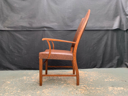 Danish Oak & Brown Vinyl High-Back Arm Chair Elbow Desk Vintage EB1949 VDIN - UKDK FURNITURE