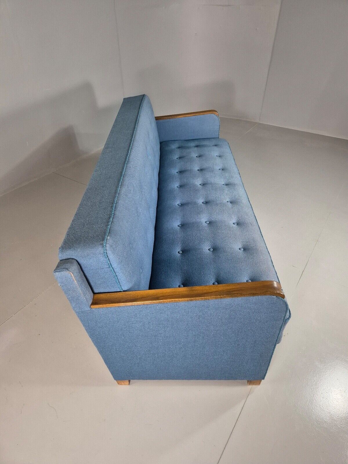 Vintage Danish Sofa Bed Blue Wool Teak Arms 1960s Retro MCM EB7259 M3SS - UKDK FURNITURE