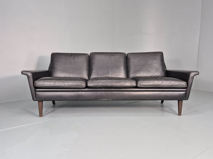 Vintage 1960s 3 Seat Sofa Danish Mid Century Design Black Leather EB10068 M3SS4