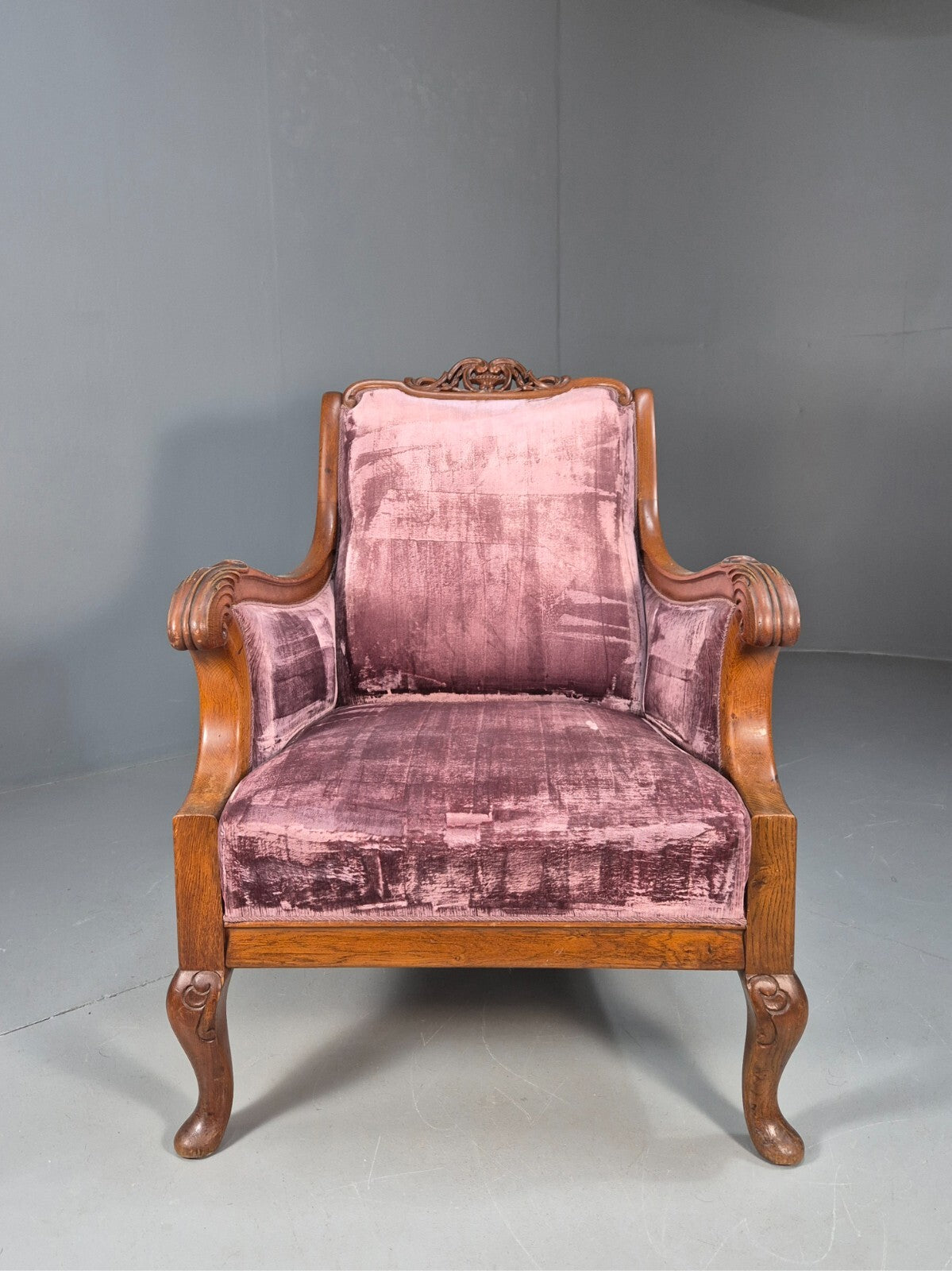 Vintage Danish Empire Chair Carved Oak Frame Purple Velvet Antique EB9616 VCAR - UKDK FURNITURE