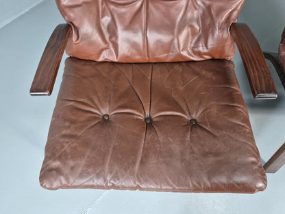 2 Mid Century Danish Leather Lounge Chairs Farstrup 1970s Bentwood EB11412 MBEN13
