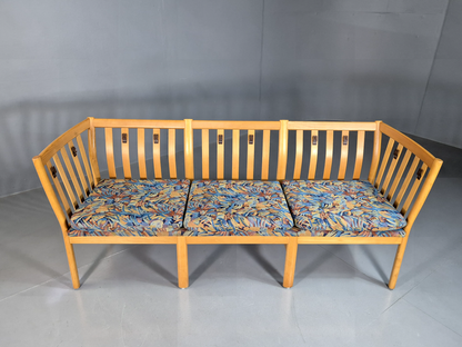 3 Seat Sofa Vintage Danish Blue Floral Beech Frame 1980s Retro EB7279 M3SS3