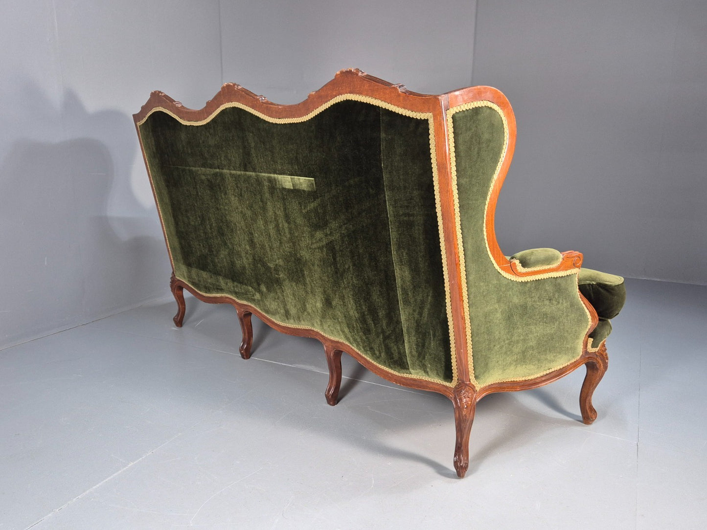 Vintage Rococo Style Three Seater Sofa Green Velour Carved Frame   EB10567 V3SS14