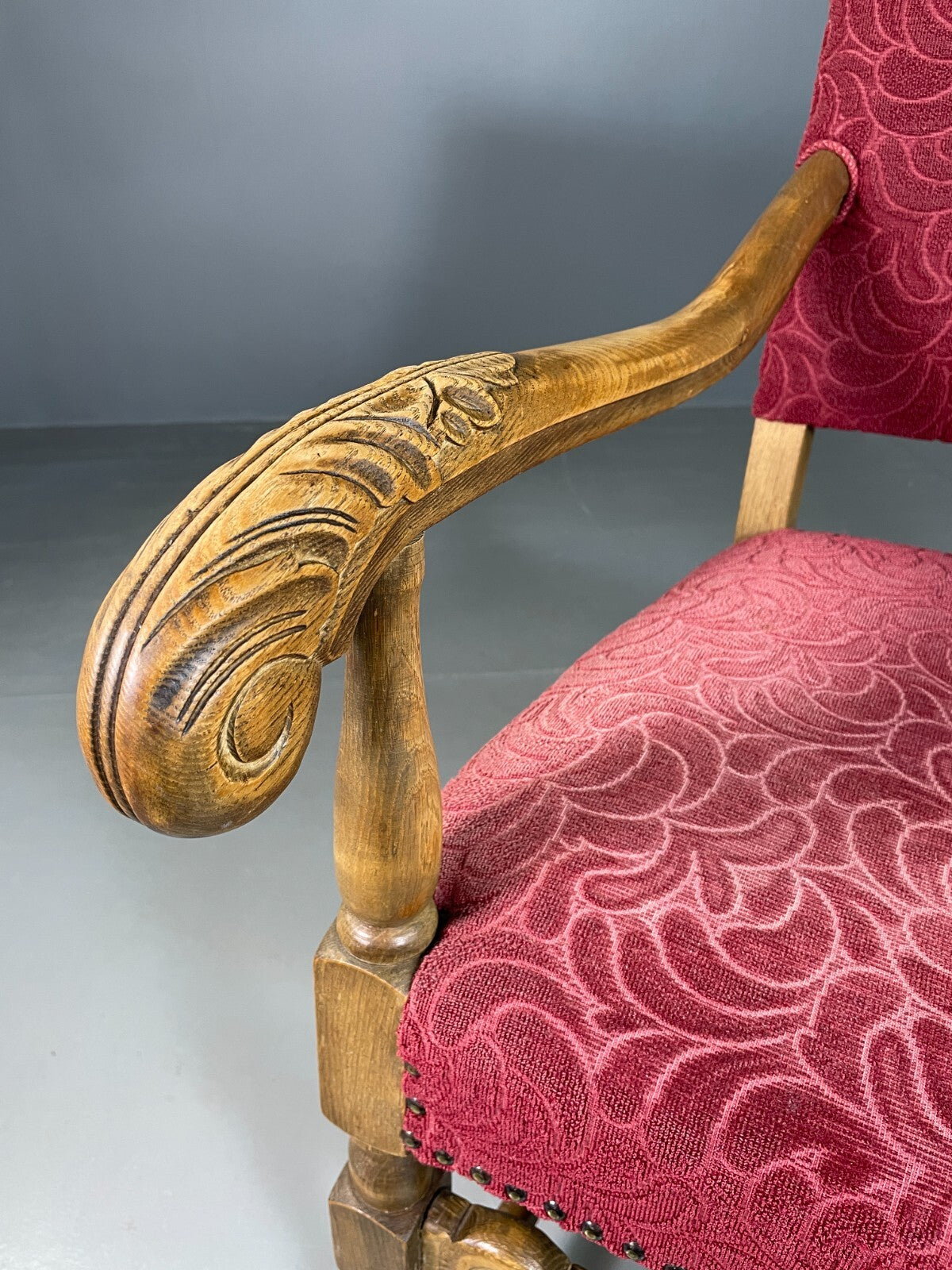 Vintage Danish Lounge Chair Oak Red Moquette 17th Century Style EB6942 VCLO15