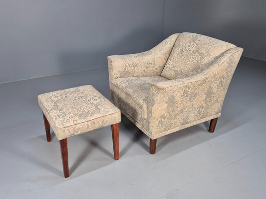 Vintage Danish Lounge Chair with Ottoman Floral Cotton 1980s Retro EB9594 MNOR - UKDK FURNITURE