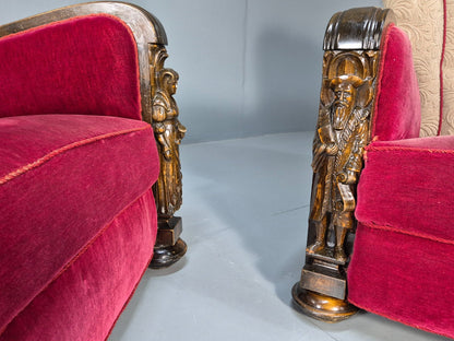 Art Deco Style Armchairs Pair Carved Oak Figures Creme Red Velour EB9586 VCAR - UKDK FURNITURE